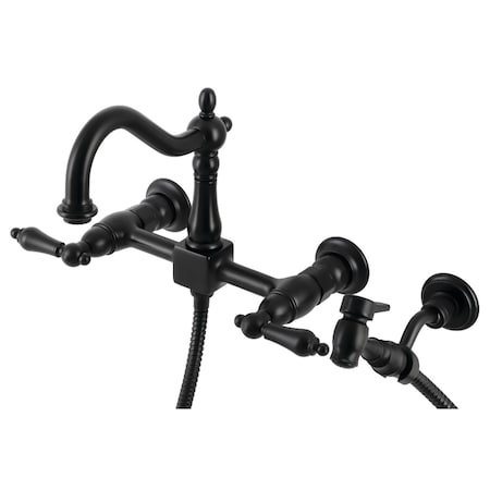 Kingston Brass KS1260ALBS Wall Mount Bridge Kitchen Faucet with Brass Sprayer, Matte Black KS1260ALBS